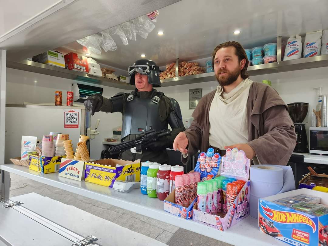 And to think we thought Kenobi was working in a weird tuna factory for all those years. No better way to hide from the Empire than working as a server on their ice cream van. 
"These are not the chocolate flavoured sprinkles you're looking for...."

Photo credit: <a href="/501stireland/">501st Ireland Garrison</a>