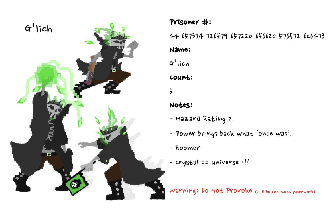 weneedweevils's tweet photo. Let me reintroduce you to: *clears throat*

Prisoner # 44 657374 726f79 657220 6f6620 576f72 6c6473 

#theDrawnjuring #indiegame #characterprofile https://t.co/zD4MB2gO16