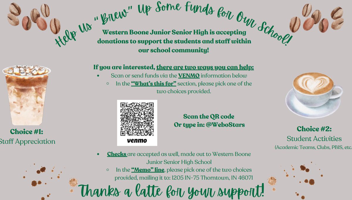 WeboJrSrHigh's tweet photo. This year, Western Boone is hosting a DONATION DRIVE for Staff Appreciation &amp; Student Activities! 
The flyer provided shows how donations can be made...
If you cannot give at this time, please re-post to spread the word!
Thank you in advance for your STAR support! https://t.co/peeprvaNnd