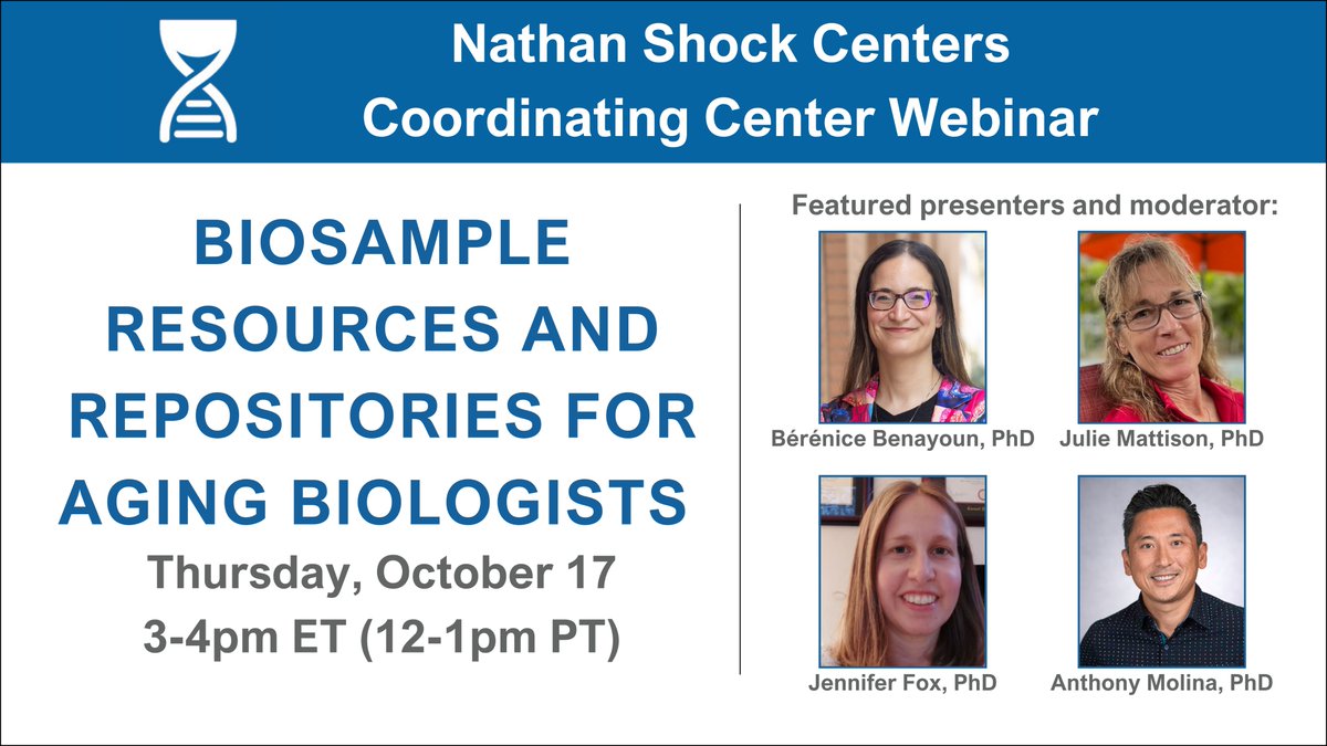 Nathan Shock Centers (@nathanshockctrs) on Twitter photo This Week! Register for our upcoming webinar "Biosample Resources and Repositories for Aging Biologists," here: bit.ly/47zzAN3 #agingbiology <a href="/BBParis1984/">Bérénice A. Benayoun, PhD</a> <a href="/NIHAging/">The National Institute on Aging (NIA)</a> <a href="/MolinaLab1/">Anthony Molina</a> This Week! Register for our upcoming webinar "Biosample Resources and Repositories for Aging Biologists," here: bit.ly/47zzAN3 #agingbiology <a href="/BBParis1984/">Bérénice A. Benayoun, PhD</a> <a href="/NIHAging/">The National Institute on Aging (NIA)</a> <a href="/MolinaLab1/">Anthony Molina</a>
