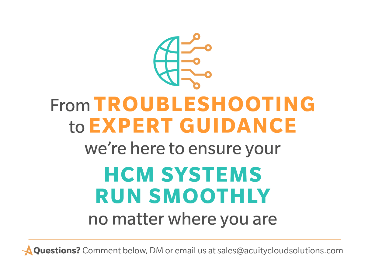 acuitycloud's tweet image. Our team delivers top-tier assistance for remote system admin services, ensuring your HCM systems run smoothly anywhere. Experience reliable, responsive support. 🌟 #SupportExcellence #HCMSupport #RSA