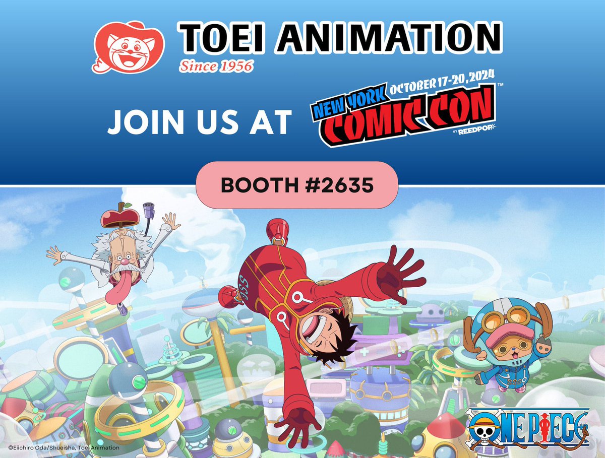 .<a href="/ToeiAnimation/">Toei Animation</a> will be at New York Comic Con!

Drop by Booth #2635 for giveaways, exclusive merchandise, and more.

#OnePiece
#NYCC2024