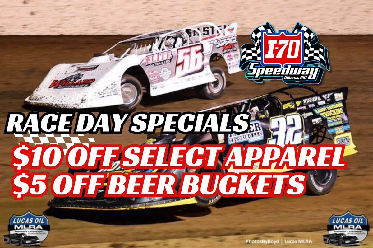 FINAL RACE DAY OF 2024 AT I-70 🚨

KC Cup pres. by MAS feat. @MLRA Super Late Models is TONIGHT!!!

We’re offering:
$5 OFF on BEER BUCKETS 🍺
$10 OFF on SELECT APPAREL 👕 

EVENT TIMELINE:
2:30PM - Pit Gate Open
4:30PM - Front Gate Open
6:30PM - Hot Laps
Racing to Follow!
