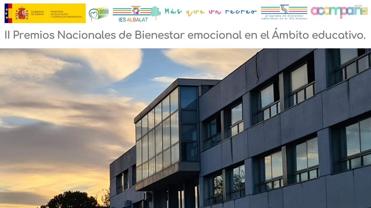 Día de alegría para el <a href="/iesalbalat/">IES Albalat</a>. Nuestro proyecto "Más que un recreo" ha sido reconocido por <a href="/educaciongob/">Ministerio de Educación, FP y Deportes</a> con el Segundo Premio Nacional de Bienestar Emocional en el ámbito educativo. 
Para nosotros, el bienestar emocional es el primer paso para el aprendizaje. <a href="/educacionEXT/">Educación y Formación Profesional</a>