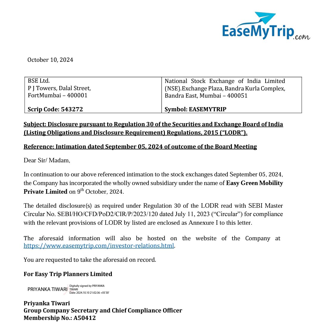 Techie_Twee's tweet photo. Ease my trip planners acquired wholly owned subsidiary under the name of "Easy Green Mobility" Private Limited on 9th October, 2024 for 100 crores.

#Easemytrip #Easymytrip #stockbonus #StocksToWatch #Bitcoin #TCS #infosys #HCLtech #Dividend #ireda https://t.co/qN39htsYFN