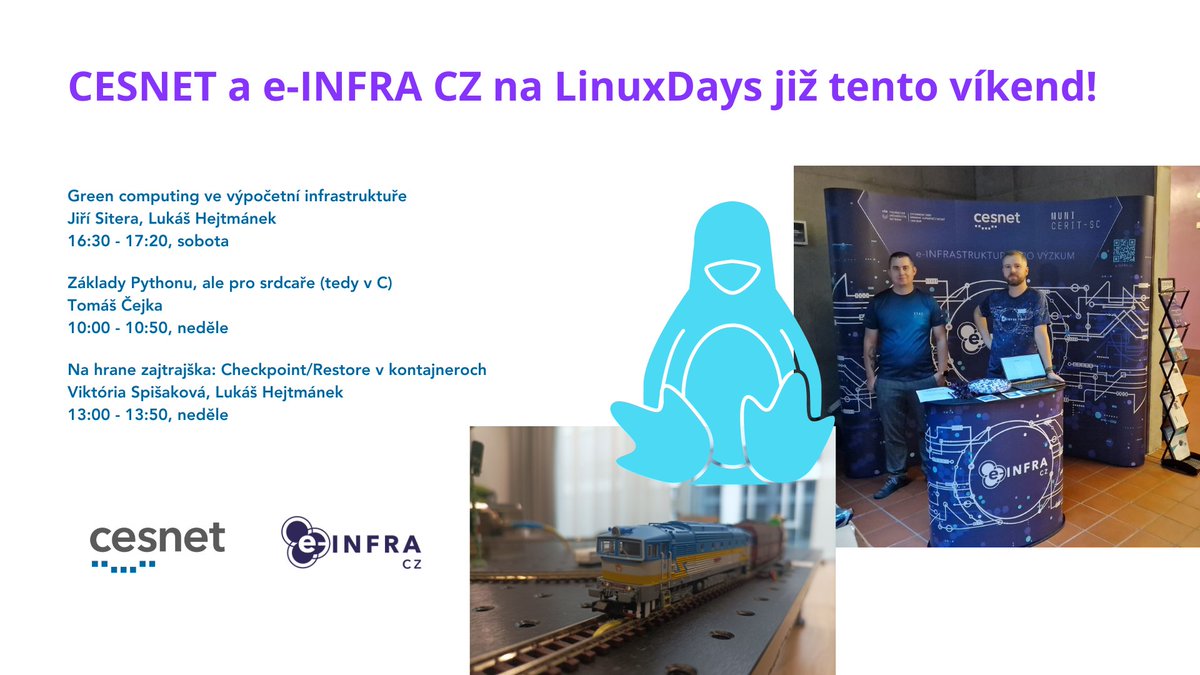 Už jen jednou se vyspíte a potkáme se na největší linuxácké akci. Zastavte se na stánku <a href="/eINFRA_CZ/">e-INFRA CZ</a> zasoutěžit si o zajímavé ceny, zahnat žízeň nebo se kouknout na náš vláček. Na viděnou na @LinuxDays! A nezapomeňte, že v programu najdete i naše kolegy z CESNETu. #PropojujemeVedu