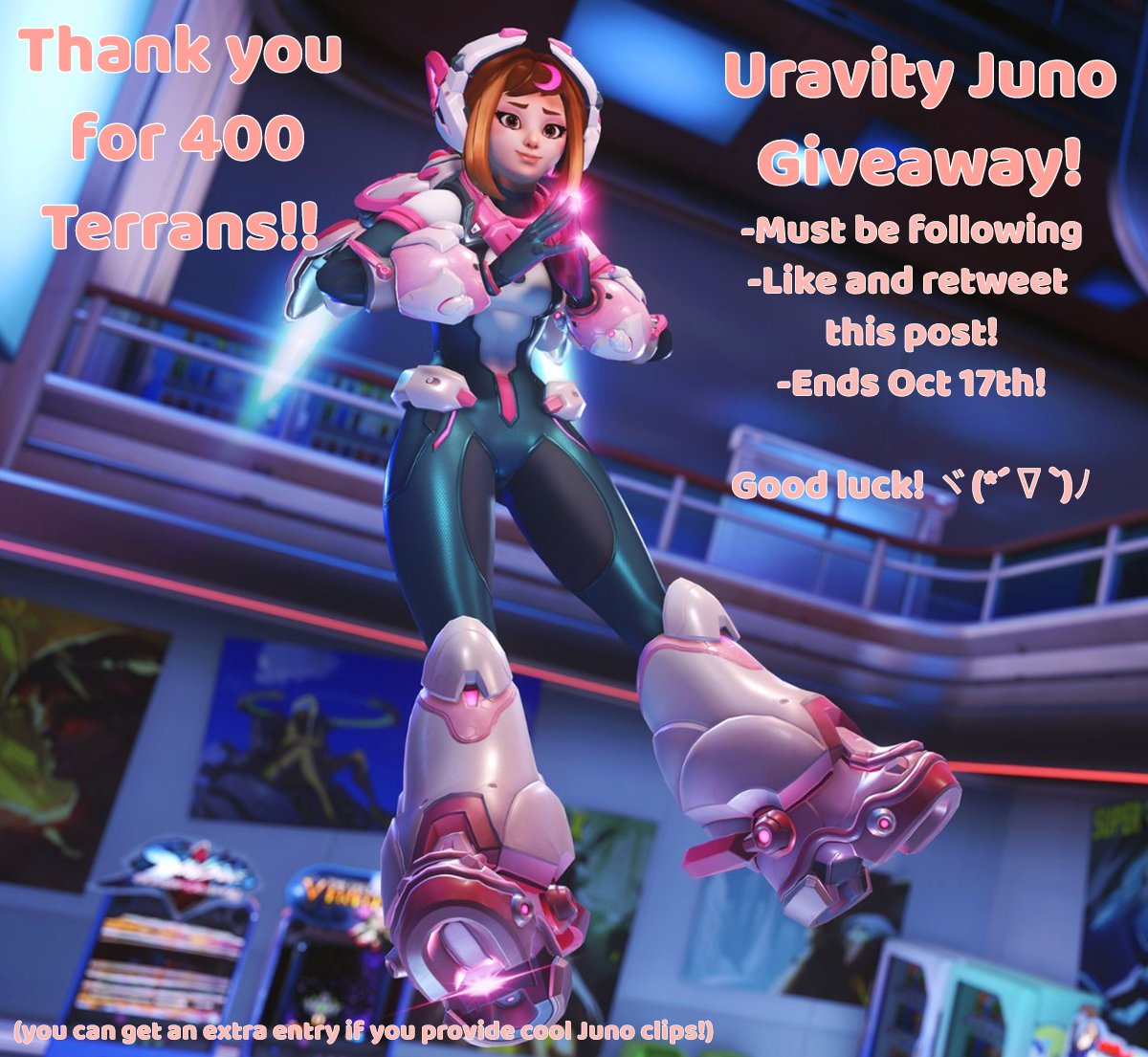 Since we are approaching s13, it is time!
(｡･`ω´･)ﾉ･*:..｡o *ﾟ｡+

To celebrate 400 of you lovely Terrans, I was told to give away this.. "Uravity" version of me! 
Rules:
You must be following me, Juno*!
Enter by liking and retweeting the post!
+
