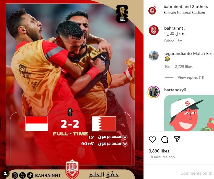 ainurohman's tweet photo. Akun resmi timnas Bahrain menulis gol balasan terjadi pada menit 90+6. Situs resmi AFC: 90+9. 

Sakit jiwa. https://t.co/NAxnOFXDpN