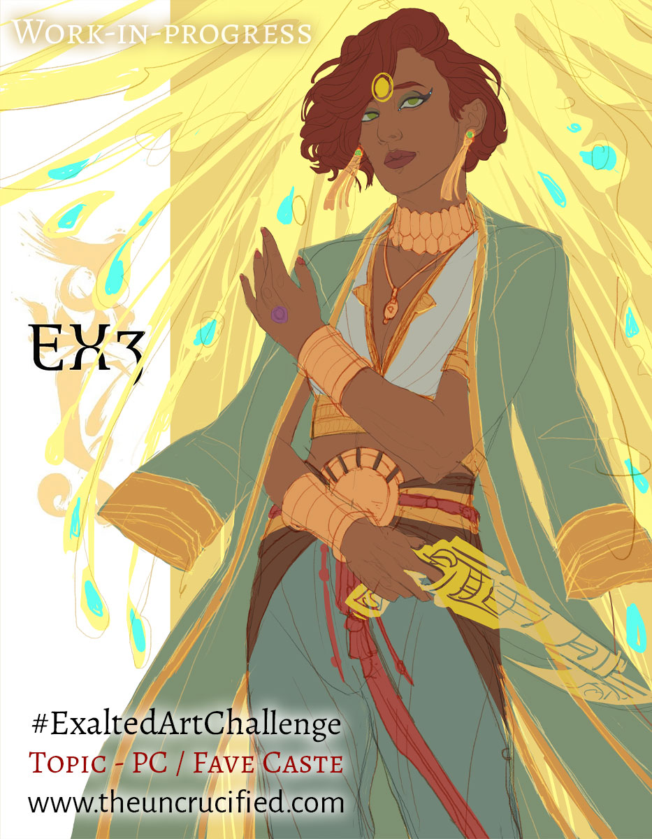 TheUncrucified's tweet photo. I've got to move on to the 2nd weekly #exaltedartchallenge topic, so here's as far as I got with Kalara's cover portrait. Definitely going to circle back around and finish this one later because she came out so epic thus far! https://t.co/p0Ohi1K7Bs