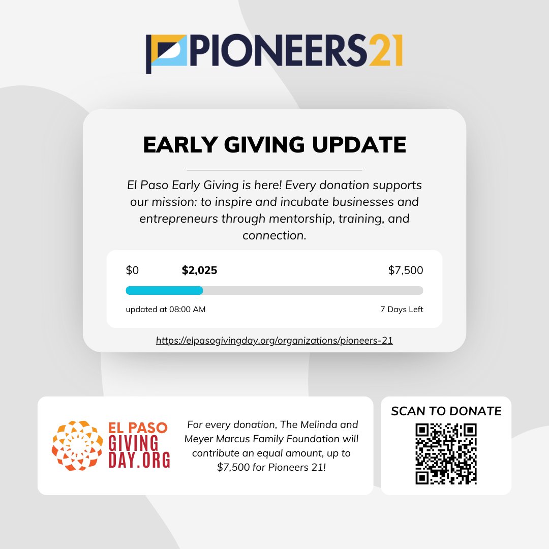 Early Giving is Here! 
You can donate at pioneers21.org/el-paso-giving…
Thank you to the Paso del Norte Community Foundation and The Melinda and Meyer Marcus Family Foundation for their generous support!
#elpasogivingday #elpasoearlygiving #nonprofitsFoundation