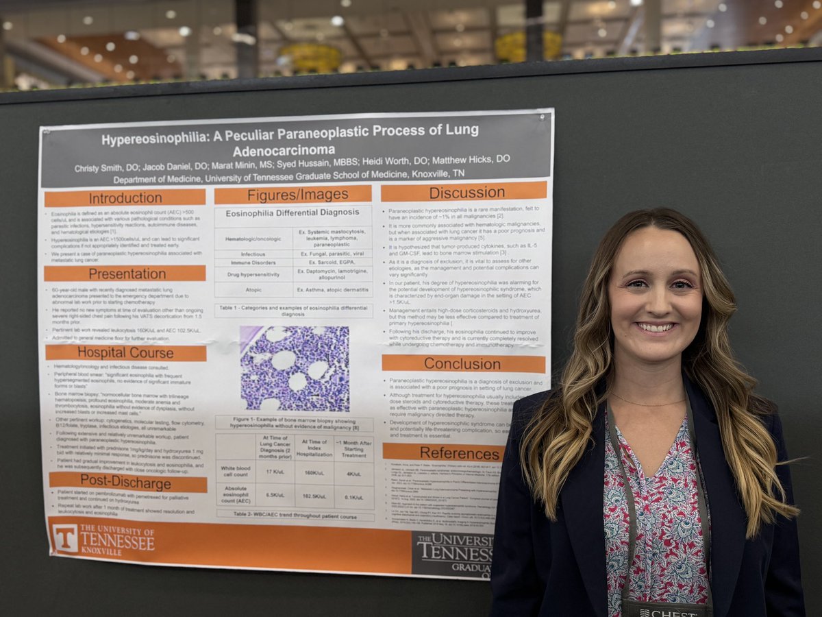 UTK_PCCM's tweet image. Solid @utgsm IM resident presentations at @accpchest #CHEST2024
Dr Christy Smith
Poster 5494- “HYPEREOSINOPHILIA: A PECULIAR PARANEOPLASTIC PROCESS OF LUNG ADENOCARCINOMA”
Dr Erin Hamric
“Poster 2551- “SCREENING FOR PULMONARY ARTERIOVENOUS MALFORMATIONS IN BRAIN ABSCESSES”