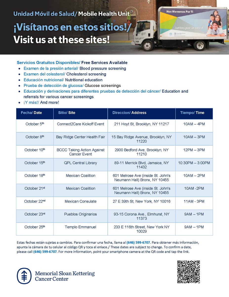 MSKCC Immigrant Health & Cancer Disparities Center (@mskihcd) on Twitter photo We are happy to share the October schedule for <a href="/mskihcd/">MSKCC Immigrant Health & Cancer Disparities Center</a>'s Mobile Health Unit. Check out the below flyer listing our upcoming stops and the free health screening services offered. We hope to see you soon! We are happy to share the October schedule for <a href="/mskihcd/">MSKCC Immigrant Health & Cancer Disparities Center</a>'s Mobile Health Unit. Check out the below flyer listing our upcoming stops and the free health screening services offered. We hope to see you soon!