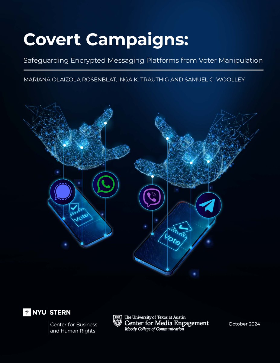 Our latest report, authored by <a href="/MarianaOlaizol1/">Mariana Olaizola</a> in partnership with <a href="/UTAustin/">UT Austin</a>, reveals how political actors exploit encrypted messaging to influence voters. Read more: bhr.stern.nyu.edu/publication/sa…