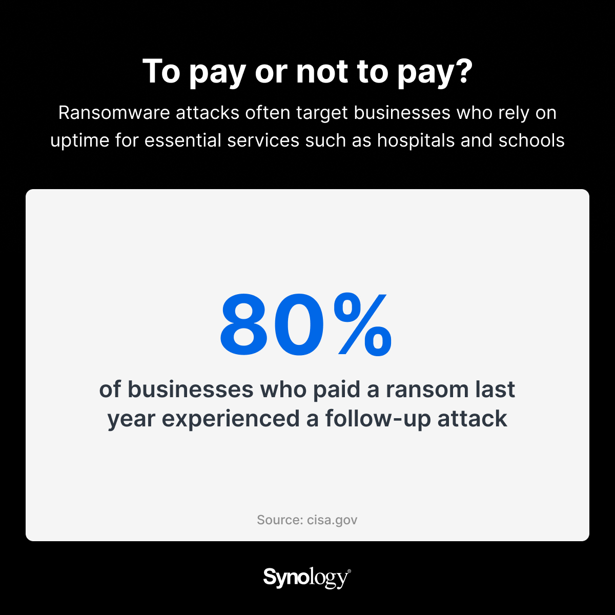 Synology's tweet image. With Cybersecurity Awareness Month upon us, it's time to think about protecting sensitive data from ransomware and other forms of malware. 
Audit the preparedness of your organization with this worksheet. 
#ransomware #malware #notpaying 

View worksheet: sy.to/business_audit