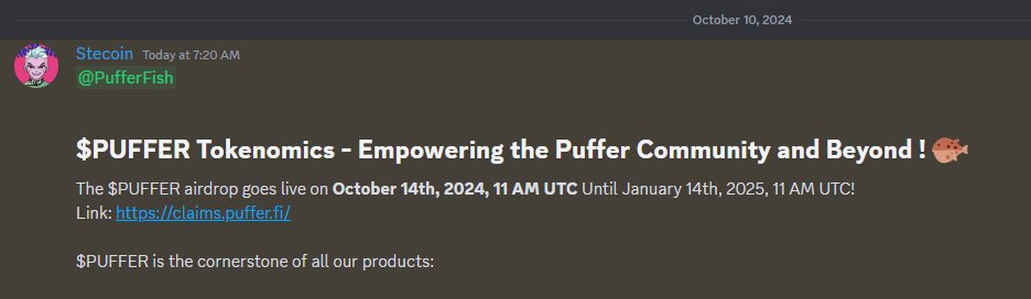 L'airdrop de $PUFFER (un LRT Eigen) aura lieu le 14 Octobre à 13h FR.

🪂 7,5% de la supply pour l'airdrop.

🧷 Lien du claim : claims.puffer.fi

Vesting pour les grosses allocations (pas de détail).

Un deuxième airdrop est prévu avec 5,5% de la supply.

Détails :