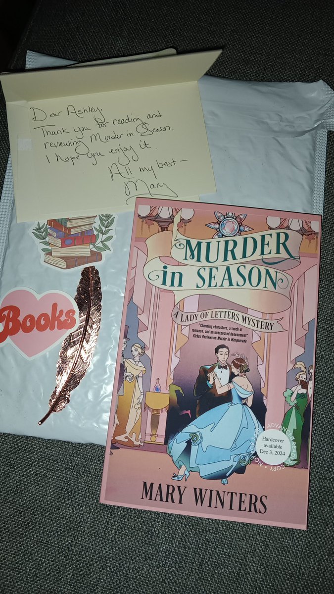 adventurenlit's tweet photo. I just got this beautiful copy of Murder In Season from @marypensmystery and I LOVE the note and goodies she sent, thank you!!

#HistoricalFiction #BookTwitter #bookmail @severnhouse @Austenprose https://t.co/YcupynQlJZ