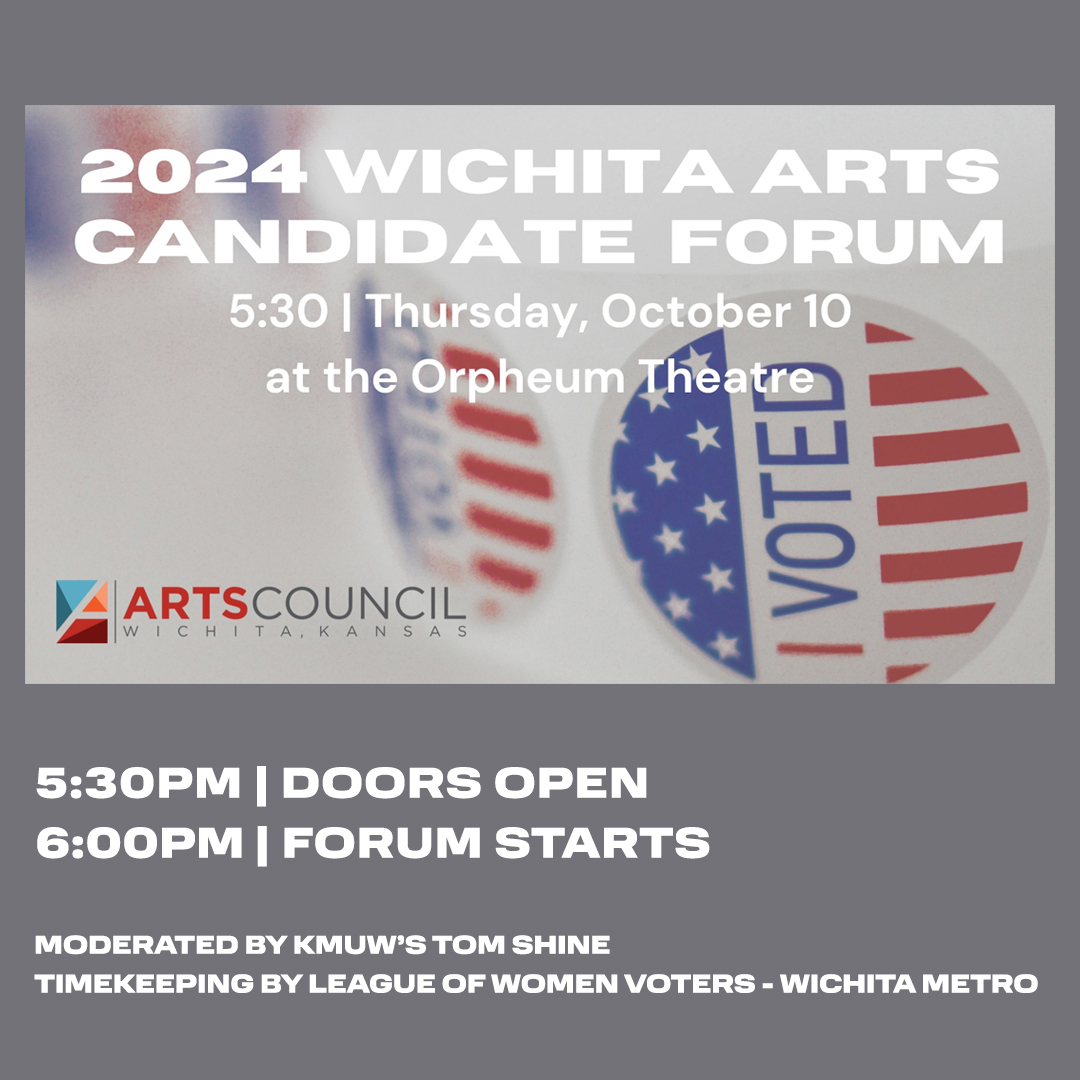 Tonight! <a href="/ICTArtsCouncil/">Arts Council Wichita</a> is hosting a Wichita Candidate Forum in advance of the general election on November 5. Learn how 2024 candidates weigh in on arts &amp; culture issues that impact our community!

Doors open at 5:30pm, forum starts at 6pm.

More Info ⫸ bit.ly/Forum-Oct10