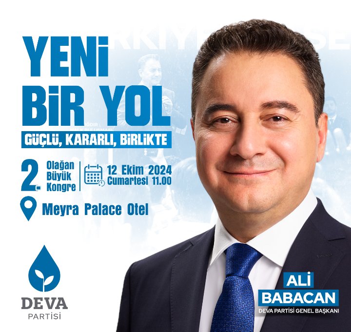 Türkiye için #YeniBirYol var.

Cumartesi günü 2. Olağan Büyük Kongremizde buluşalım.

🗓 12 Ekim Cumartesi
🕰 11.00
📍 Meyra Palace Otel
<a href="/alibabacan/">Ali Babacan</a> <a href="/emin_ekmen/">Mehmet Emin Ekmen</a> <a href="/RizvanogluEvrim/">Evrim Rızvanoğlu</a> <a href="/avidrissahin/">Av. İdris Şahin</a> 
<a href="/cem_avs/">Cem Avşar</a> <a href="/meh/">meh.</a>