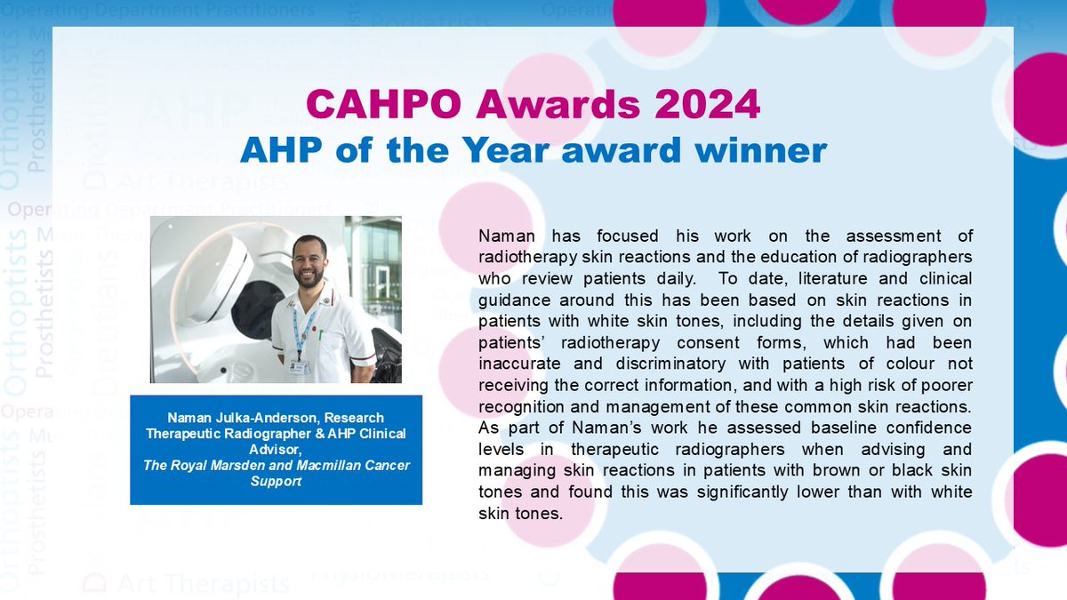 ✨#CAHPOAwards 2024✨

🎉The #AHP of the Year 2024 🎉

@Naman_Julka <a href="/macmillancancer/">Macmillan Cancer Support</a> <a href="/royalmarsdenNHS/">The Royal Marsden NHS Foundation Trust</a> <a href="/SCoRMembers/">SCoR Members</a> <a href="/WeAHPs/">WeAHPs 💙</a>