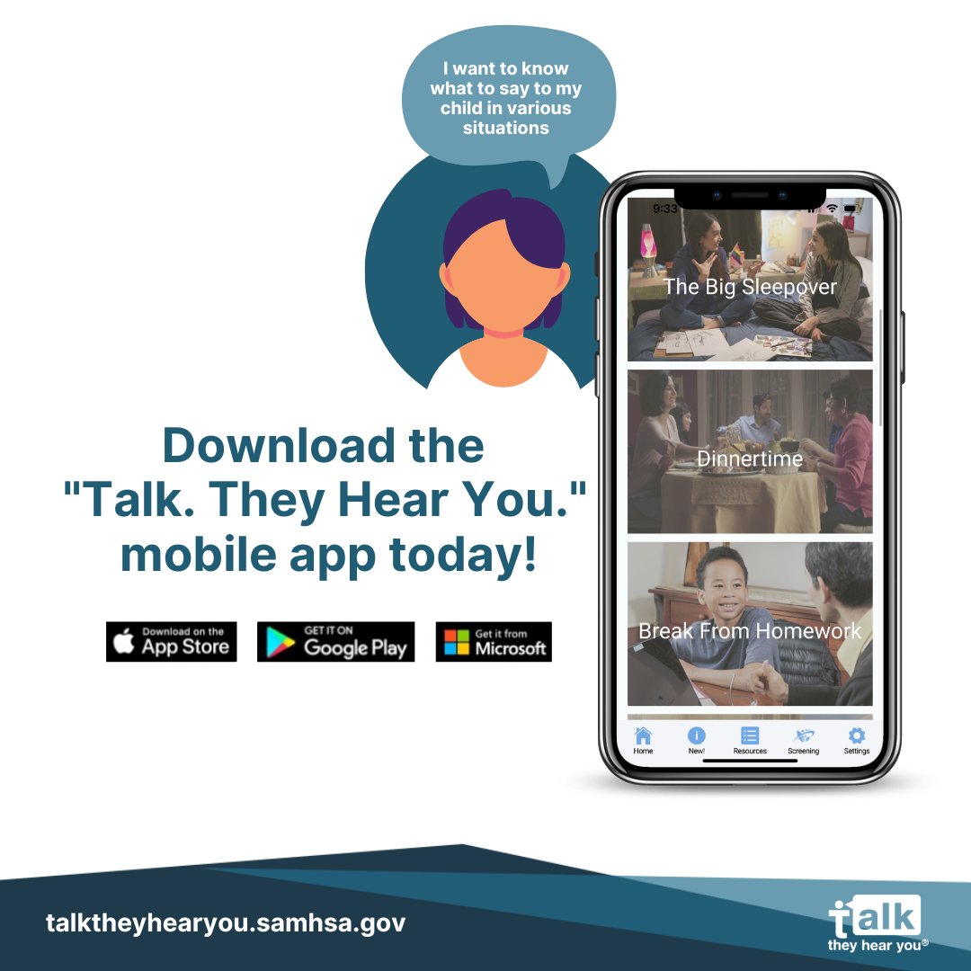 samhsagov's tweet photo. #MentalIllnessAwarenessWeek and #WorldMentalHealthDay are perfect times to check in on your kids' mental health.
🧠 Download the "Talk. They Hear You." mobile app for guidance. https://t.co/YwoaMpA3Vx
#MentalHealthMatters #TalkTheyHearYou #TTHY https://t.co/62Hofp9g26