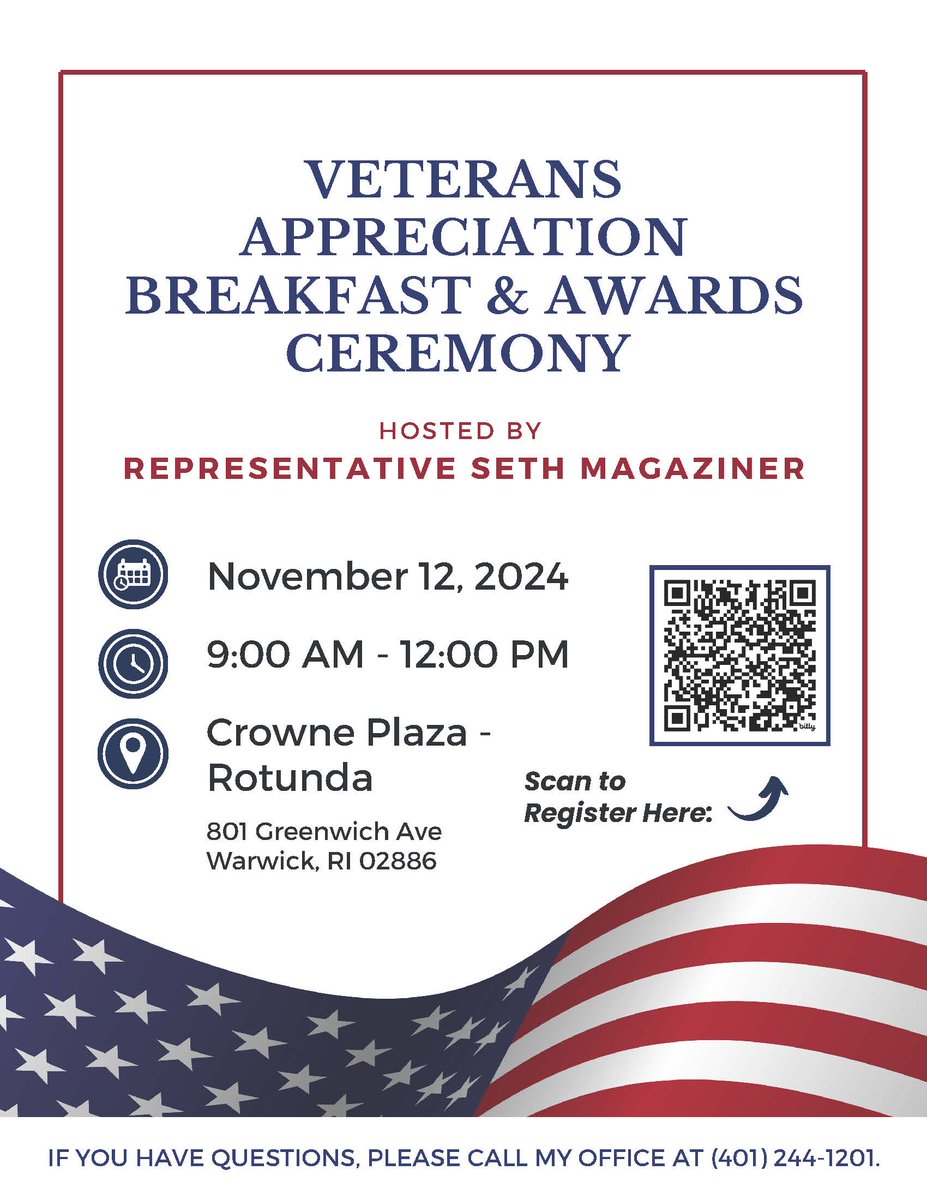 Calling all RI veterans: Mark your calendars for Tuesday, November 12th. 📅

Our office will be hosting a Veterans Appreciation Breakfast and Awards Ceremony to honor those who have served our country in uniform.

RSVP to join us here: forms.gle/srMNM6JTKp5hPp…