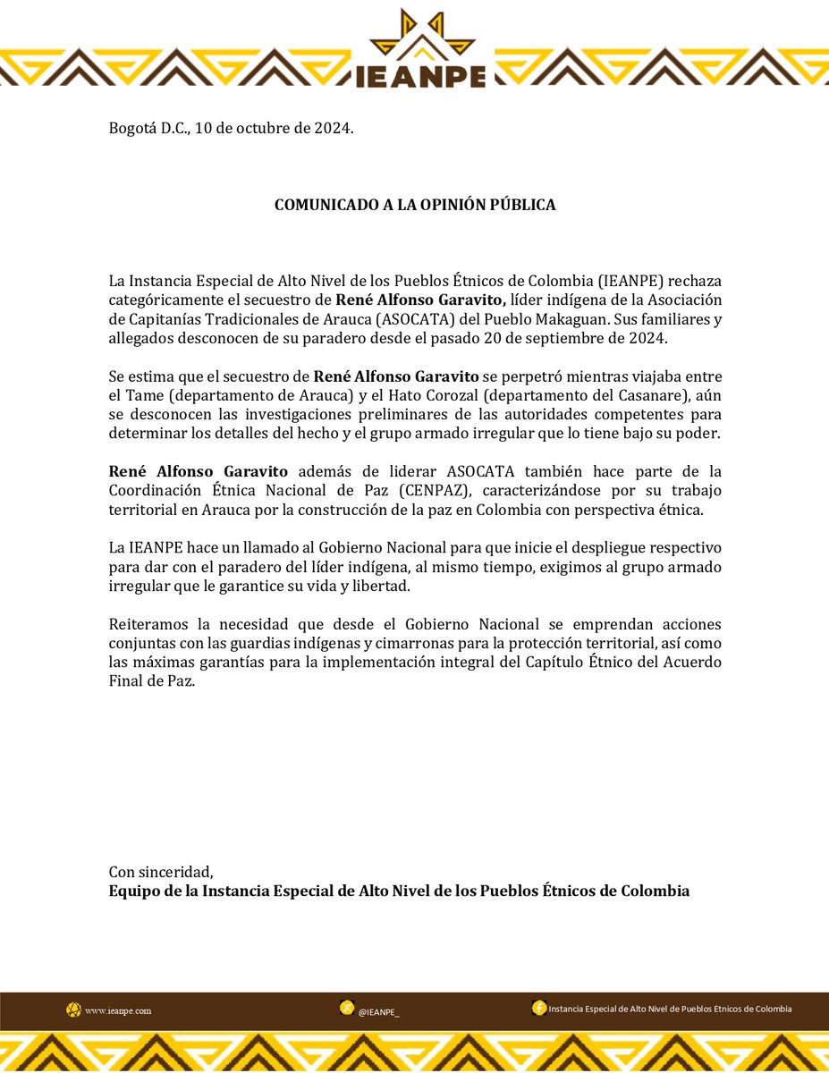 #IEANPEComunica📢|| Exigimos la liberación de René Alfonso Garavito, líder indígena de #ASOCATA y de <a href="/CENPAZ_/">CENPAZ Coordinación Étnica Nacional de Paz</a> en #Arauca.

Comparte nuestro pronunciamiento 👇🏾👇🏾