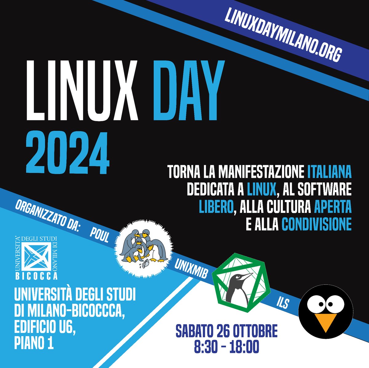 UnixMiB's tweet image. 🚨 #TechLovers, questo è per voi! 📷Il #LinuxDayMilano arriva il 26 ottobre all'Università di Milano-Bicocca! 📷#cybersecurity, #container e le ultime novità #opensource. La scaletta è online 📷 linuxdaymilano.org/schedule #LinuxDay #Linux #FOSS