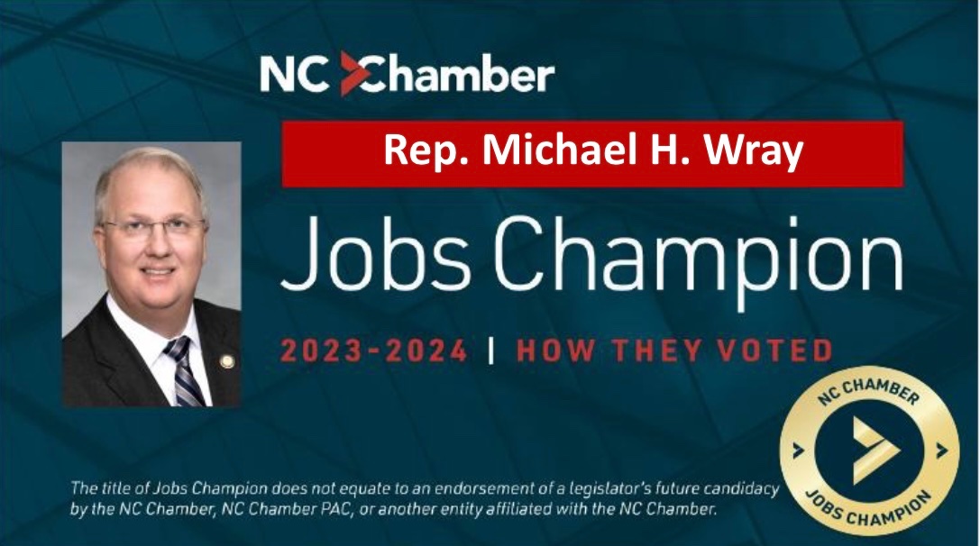 RepWray's tweet image. I am proud to have been recognized as a 2024 “Jobs Champion” by the NC Chamber for my strong pro-jobs voting record.