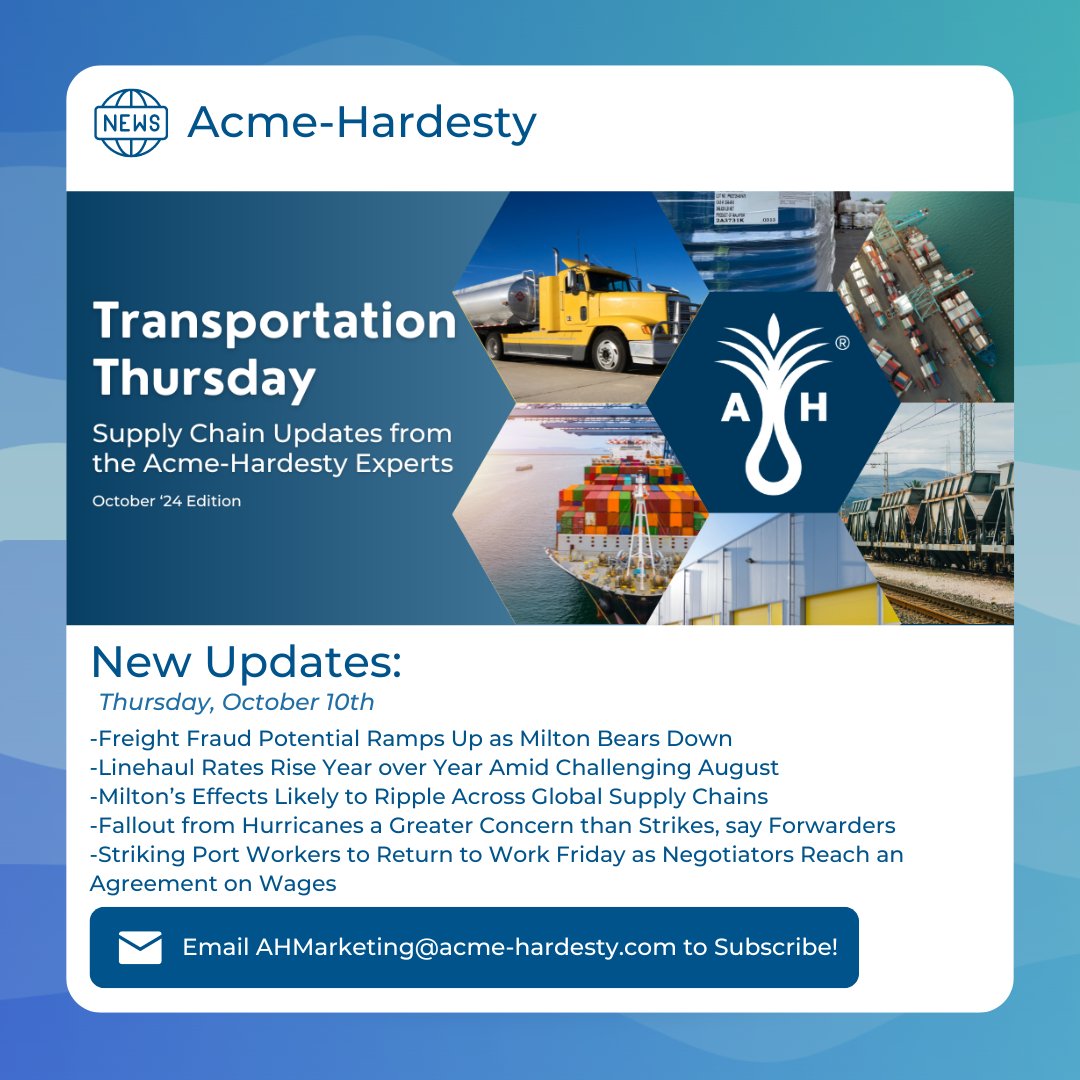 📧 Request your copy, ahmarketing@acme-hardesty.com.

Stay informed with #TransportationThursday! We extend our heartfelt wishes for the safety and well-being of everyone affected by the hurricanes.

#transportation #supplychainnews #acmehardestydistribution