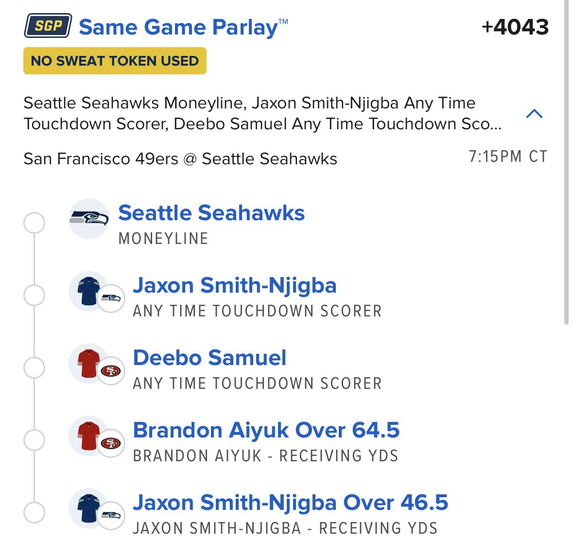 rockytopbets's tweet photo. Parlay for Seahawks and 49ers tonight https://t.co/PCaxACfSyY
