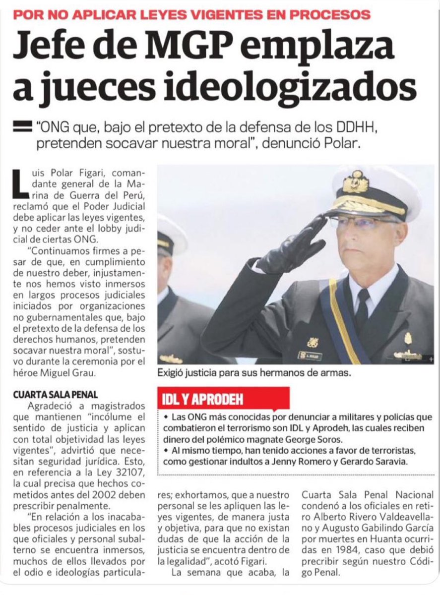 OttoGuibovich's tweet photo. Muy bien dicho. Inaceptable q a un terrorista le prescriban la pena a los 20 años y a un marino le sentencien luego de 40 años sin pruebas y por “responsabilidad mediata”. No solo ideologizadados sino sinvergüenzas. Las cosas por su nombre. @naval_peru @congresoperu https://t.co/bGX6gKfYsi