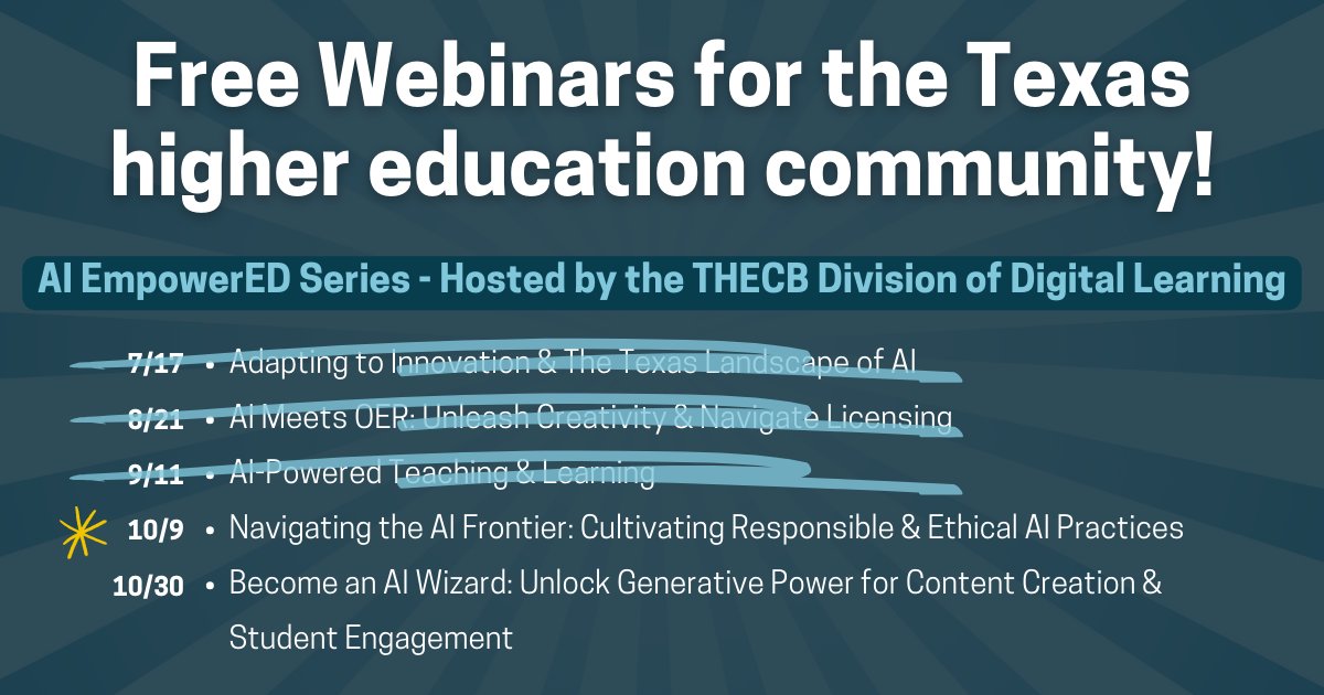 Another next AI EmpowerED webinar will be held next Wednesday! The session will feature insights on promoting digital fluency, critical thinking, and cultivating responsible AI practices. Learn more &amp; register: ow.ly/unFm50Sz5yq #tarletonfaculty