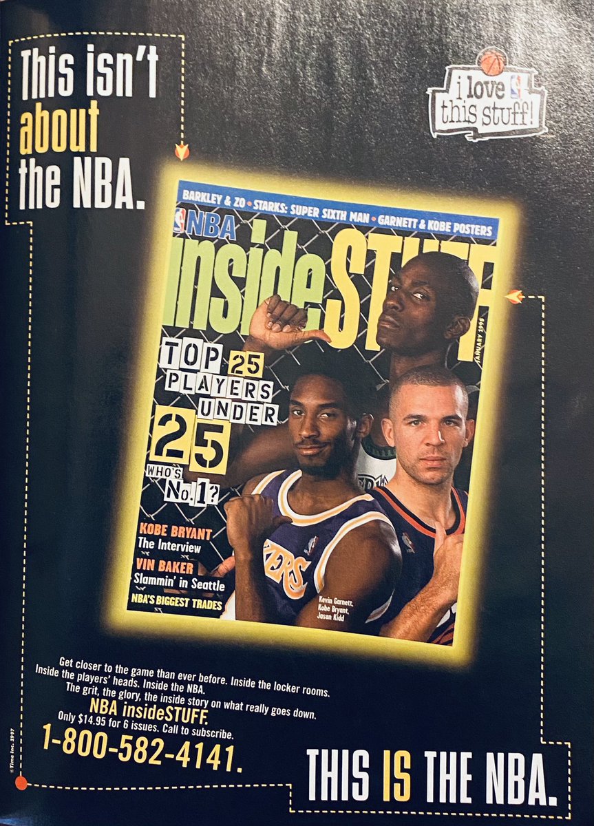 #tbt ad in <a href="/NBA/">NBA</a> #hoops mag from ‘98 <a href="/Timberwolves/">Minnesota Timberwolves</a> at <a href="/hornets/">Charlotte Hornets</a> game for #insidestuff with <a href="/kobebryant/">Kobe Bryant</a> <a href="/KevinGarnett5KG/">Kevin Garnett</a> &amp; <a href="/dallasmavs/">Dallas Mavericks</a> HC Jason Kidd.