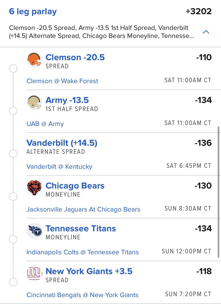 rockytopbets's tweet photo. Love this parlay! Combined college and nfl football. Two days for big money! https://t.co/vzr47qErtC