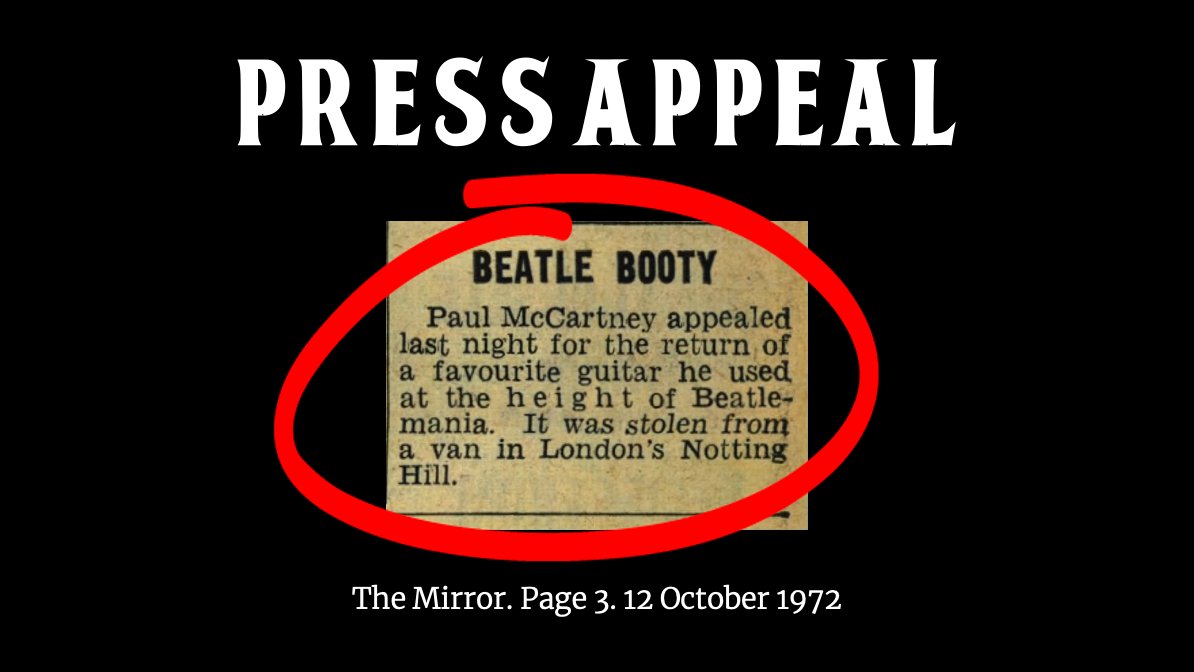 Within 48 hours, the theft of Paul McCartney's Höfner bass on 10 October 1972 was making headlines around the world. The story included an appeal from Paul McCartney himself and ran in the @EveningStandard, <a href="/DailyMirror/">The Mirror</a>, <a href="/thetimes/">The Times and The Sunday Times</a> and <a href="/Reuters/">Reuters</a>.