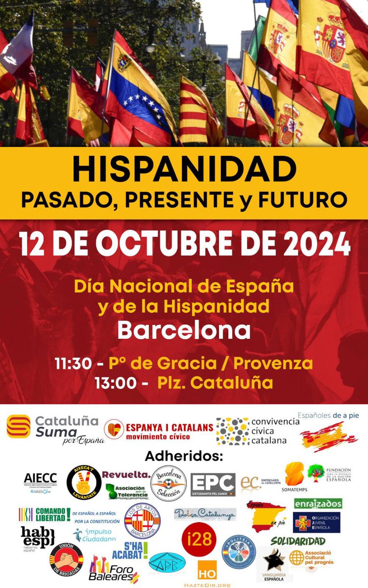 Cartel con todas las asociaciones civiles que colaboran en la festividad del 12 de octubre en Barcelona. 🇪🇸 merece la pena

Para ayudarnos: bit.ly/Donativos12Oct…
o apúntate como voluntario: bit.ly/Vols12OctBCN