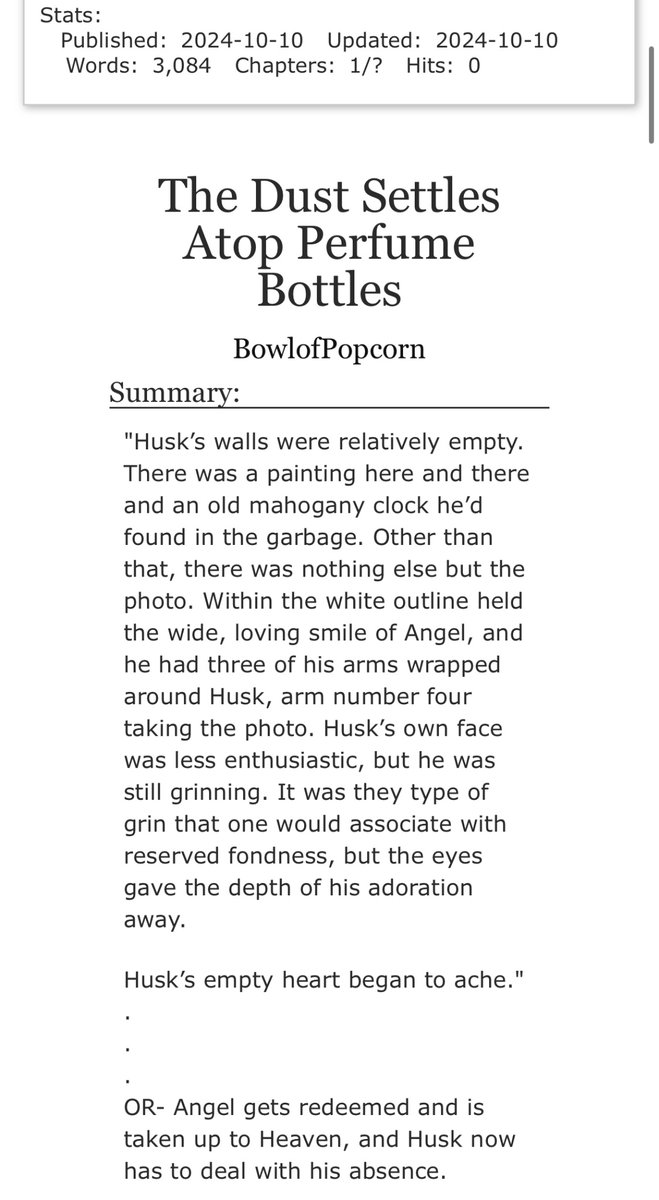 Heyyy I did another one and it’s angsty af >:)

The Dust Settles Atop Perfume Bottles, a Huskerdust hurt/comfort

archiveofourown.org/works/59637223…