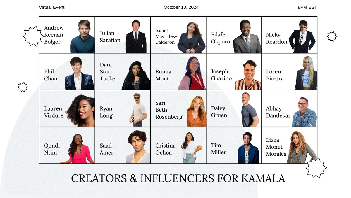 Ryan Davis (@ryannewyork) on Twitter photo 🎆Tonight's the show y'all.
Join <a href="/PeopleFirst_cc/">People First</a> at 8PM ET for the largest rally of influencers and creators in support of <a href="/KamalaHarris/">Kamala Harris</a> ever!
partiful.com/e/9GOTwln1xyTN…
Featuring: <a href="/powerfullyisa/">Isabel Mavrides-Calderón</a>, <a href="/EdafeOkporo/">Edafe Okporo</a>, <a href="/RoninJoey/">Joseph Guarino 🐲🐝🏳️🌈🚊🦉🍥</a>, @creativelyla, <a href="/ryanlong03/">ryan</a>, <a href="/philschan/">陳肇中 | Phil Chan</a>, <a href="/QondiNtini/">Qondi</a>, 🎆Tonight's the show y'all.
Join <a href="/PeopleFirst_cc/">People First</a> at 8PM ET for the largest rally of influencers and creators in support of <a href="/KamalaHarris/">Kamala Harris</a> ever!
partiful.com/e/9GOTwln1xyTN…
Featuring: <a href="/powerfullyisa/">Isabel Mavrides-Calderón</a>, <a href="/EdafeOkporo/">Edafe Okporo</a>, <a href="/RoninJoey/">Joseph Guarino 🐲🐝🏳️🌈🚊🦉🍥</a>, @creativelyla, <a href="/ryanlong03/">ryan</a>, <a href="/philschan/">陳肇中 | Phil Chan</a>, <a href="/QondiNtini/">Qondi</a>,