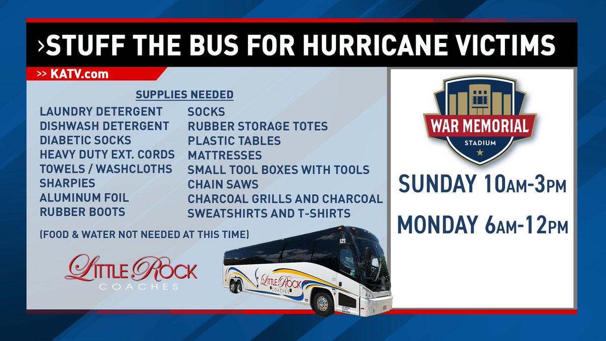Help Little Rock Coaches &amp; <a href="/KATVNews/">KATV News</a> "Stuff The Bus" for hurricane victims. Any supplies from the list below that you can donate are welcome. We'll be collecting Sunday (10/13) from 10-3 and Monday (10/14) from 6-12 at War Memorial Stadium. First stop: North Carolina. Thank you!