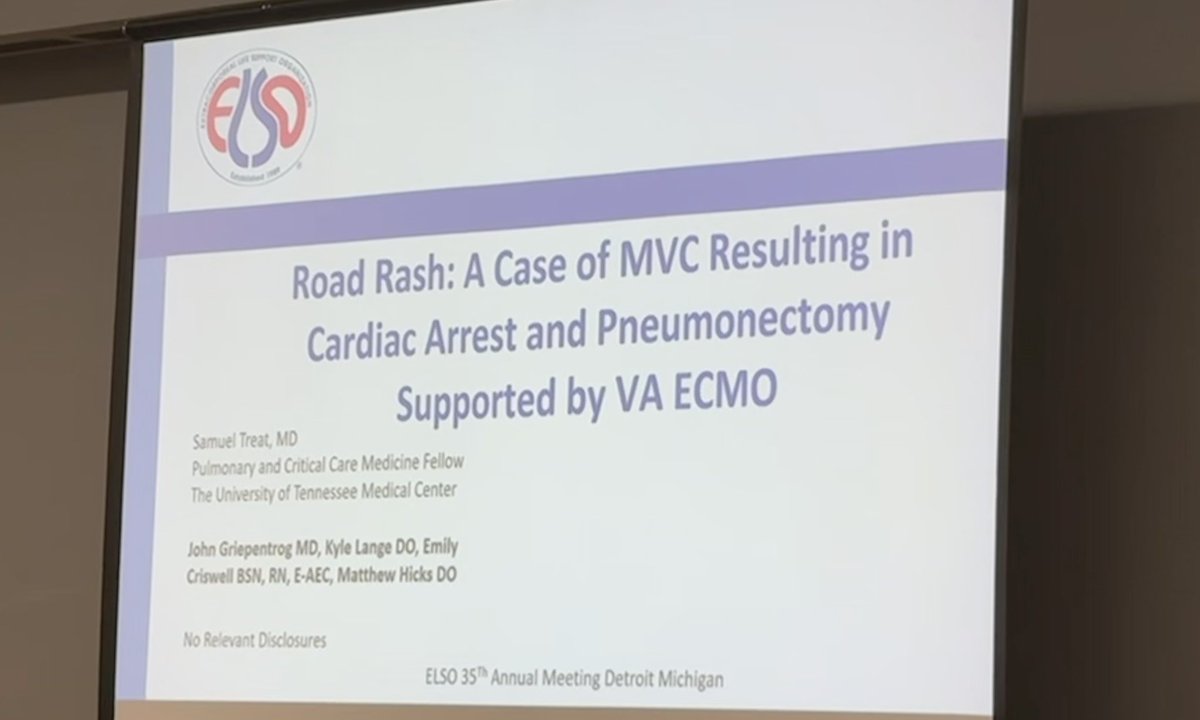 UTK_PCCM's tweet image. Our Chief Fellow, Dr Sam Treat and our ECMO team, presenting at the recent 35th ELSO @ELSOOrg conference in Michigan
“Road Rash: A Case of MVC Resulting in Cardiac Arrest
and Pneumonectomy Supported by VA ECMO”
Making us proud!