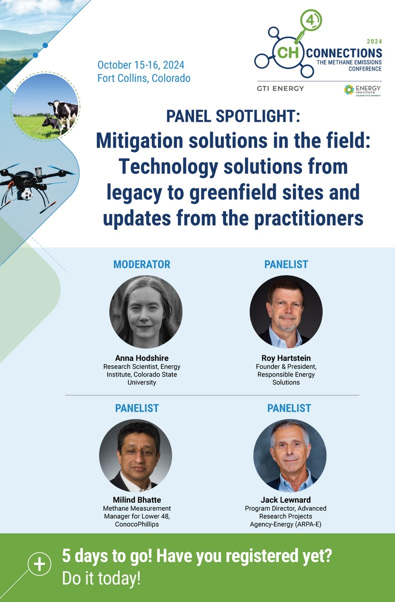 Ch4Connections's tweet image. CH4 Connections is 5 DAYS away! Next Wednesday, join us for a panel discussion exploring mitigation technology solutions with experts from Responsible Energy Solutions, @conocophillips, and @ARPAE. Check out next week’s agenda and register: gti.energy/training-event…