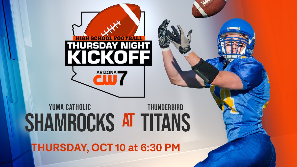 Epic Sports Network (@epicsportstv) on Twitter photo Join us TONIGHT for Thursday Night Kickoff on <a href="/CW7Arizona/">CW7AZ</a> as the @football_yc Shamrocks battle the <a href="/TBirdFB/">Thunderbird Titans Football</a> Titans! We're on-the-air at 6:30pm for Pregame and Kickoff is set for 7pm! 🏜️🏈🔥
📺 Channel 7 OTA, @youtubetv, <a href="/fuboTV/">Fubo</a>, <a href="/hulu/">Hulu</a>+
💻 cw7az.com/game-livestrea… Join us TONIGHT for Thursday Night Kickoff on <a href="/CW7Arizona/">CW7AZ</a> as the @football_yc Shamrocks battle the <a href="/TBirdFB/">Thunderbird Titans Football</a> Titans! We're on-the-air at 6:30pm for Pregame and Kickoff is set for 7pm! 🏜️🏈🔥
📺 Channel 7 OTA, @youtubetv, <a href="/fuboTV/">Fubo</a>, <a href="/hulu/">Hulu</a>+
💻 cw7az.com/game-livestrea…