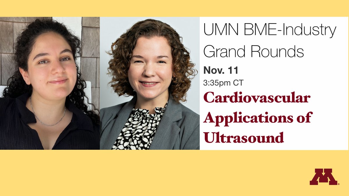UMN Biomedical Eng (@umnbme) on Twitter photo Our BME-Industry Grand Rounds are back! Our Nov. 11 webinar features Tina Lenneman (Boston Scientific) & <a href="/mollykaissar/">Molly Kaissar</a> (#UMN) talking about cardiovascular applications of ultrasound.
Register: z.umn.edu/rsvp-gr-1124
More info: z.umn.edu/bme-grand-roun⦠Our BME-Industry Grand Rounds are back! Our Nov. 11 webinar features Tina Lenneman (Boston Scientific) & <a href="/mollykaissar/">Molly Kaissar</a> (#UMN) talking about cardiovascular applications of ultrasound.
Register: z.umn.edu/rsvp-gr-1124
More info: z.umn.edu/bme-grand-rounā¦
