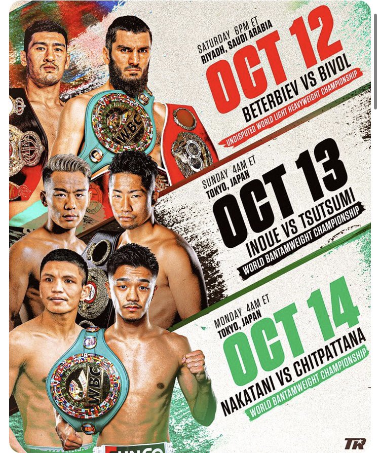 boxing_ya's tweet image. このポスターカッコいい✨

ベテルビエフvsビボル
井上拓真VS堤聖也
中谷潤人VS ペッチ
（敬称略）

TRが、拓真選手と中谷選手を一緒に掲載する‼️
次戦のWBA、WBCの統一戦の青写真は、もうできてると思います👍
まずは両選手、今回の試合をダブル勝利して統一戦です🔥