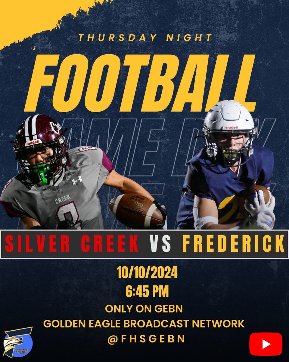 Golden Eagle Broadcast Network (@fhsgebn) on Twitter photo There's more than one way to #TNF! We think we've got the best football game on the air tonight. <a href="/FHS_GolEagle_FB/">FHS Golden Eagle Football</a> takes on #StVrainStorm rival <a href="/SilverCreekFB/">Silver Creek Football Team</a>! We'll be live with full coverage at 5:45.
LINK: youtube.com/watch?v=WpnhJa⦠There's more than one way to #TNF! We think we've got the best football game on the air tonight. <a href="/FHS_GolEagle_FB/">FHS Golden Eagle Football</a> takes on #StVrainStorm rival <a href="/SilverCreekFB/">Silver Creek Football Team</a>! We'll be live with full coverage at 5:45.
LINK: youtube.com/watch?v=WpnhJaβ¦