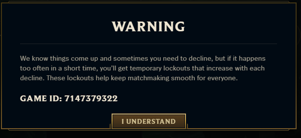 I know Twitter without paying for it is like shouting into the abyss but this is insane for just declining once after the game immediately requeued and I didn't want to be matched with the same people as they've already seen my pick. #Riot #lol #LeagueOfLegends