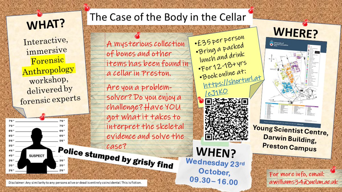 Sarina R (@sarina3r) on Twitter photo Kick off the Halloween season with a spine-tingling Forensic Anthropology Workshop.
Where? @UCLan
When? Wednesday, 23rd October 2024, 9:30am – 4:00pm
For more info, contact Professor Anna Williams, <a href="/Bonegella/">Prof Anna Williams</a> awilliams34@uclan.ac.uk Kick off the Halloween season with a spine-tingling Forensic Anthropology Workshop.
Where? @UCLan
When? Wednesday, 23rd October 2024, 9:30am – 4:00pm
For more info, contact Professor Anna Williams, <a href="/Bonegella/">Prof Anna Williams</a> awilliams34@uclan.ac.uk