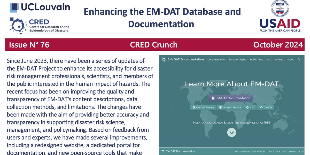 The latest issue of CRED Crunch is now online. This issue is titled "Enhancing the EM-DAT Database and Documentation." Check it out here - files.emdat.be/2024/10/CredCr…. <a href="/CREDUCL/">CRED</a> #hazards #disasters #research #data