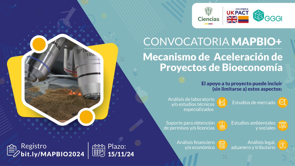🌎🚀 ¡Lleva tu proyecto de bioeconomía al siguiente nivel! Gracias al programa #UKPACT, <a href="/GGGICol/">GGGIColombia🌱</a> y <a href="/MincienciasCo/">MinCiencias Colombia</a>, llega una nueva edición de #MAPBIO+. Las propuestas seleccionadas recibirán hasta USD 37,000 para acelerar su impacto. ¡No te pierdas esta oportunidad! 🌱👩‍🔬

📅