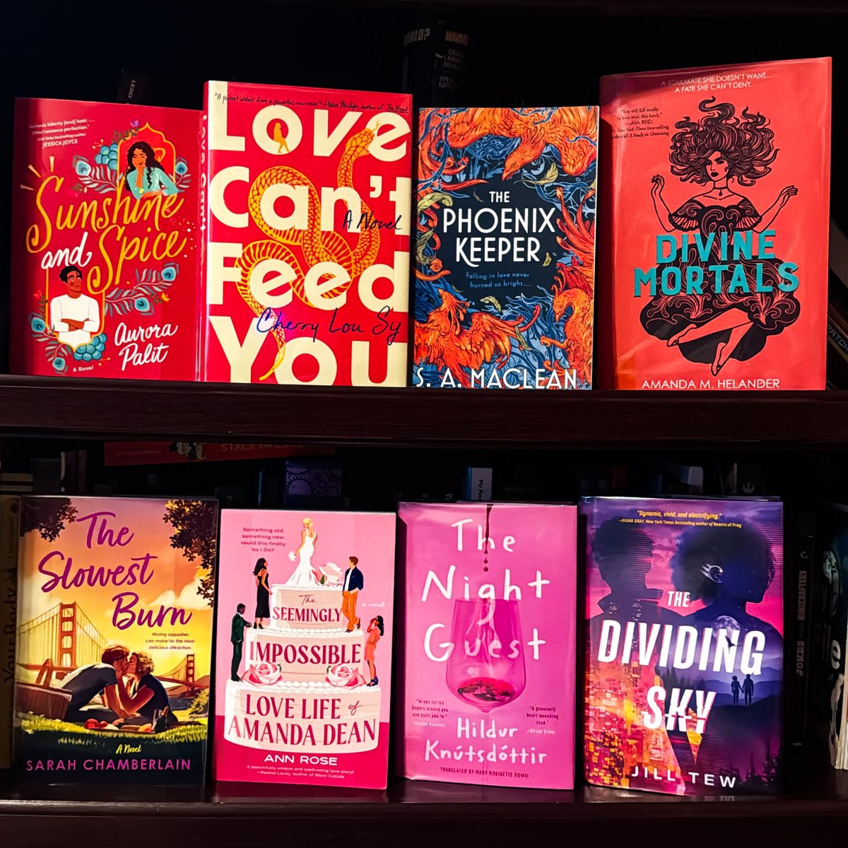 A new #2024Debuts #shelfie today! I love the mix of reds, oranges, yellows and purples flowing between them! Authors and titles in thread.